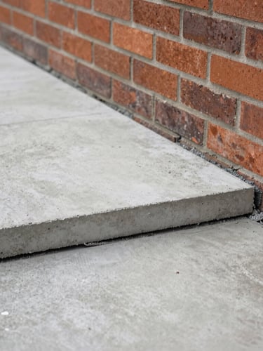 Close-up of a precision-laid concrete foundation slab meeting a newly erected brick wall, clean straight lines, overcast Irish daylight.