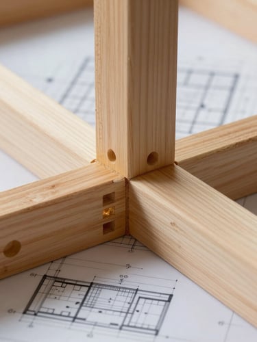 Close-up of a precision-fitted timber frame joint with high-performance structural insulation visible, architectural blueprint overlay style, soft natural daylight