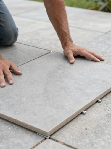 A close-up of a mason aligning a large-format grey porcelain patio tile in a Dublin garden, soft overcast daylight, perfectly level joints, clean metal spacers visible.