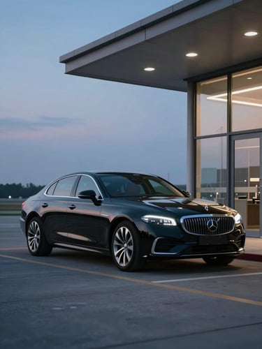 Gleaming black executive sedan parked outside a private airport terminal during the early morning blue hour, soft reflections on the immaculate paint, cinematic 35mm lens.