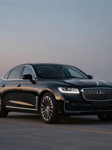 Cinematic wide shot of a gleaming black executive sedan parked in low-key evening light, soft streetlamp reflections on pristine obsidian paint, sharp focus, 35mm lens