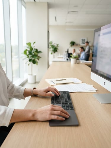 Clean, well-lit digital service counter with hands typing on a modern keyboard, official documents neatly arranged, soft natural daylight, professional and trustworthy atmosphere, 35mm lens, wide panoramic view with negative space on left.