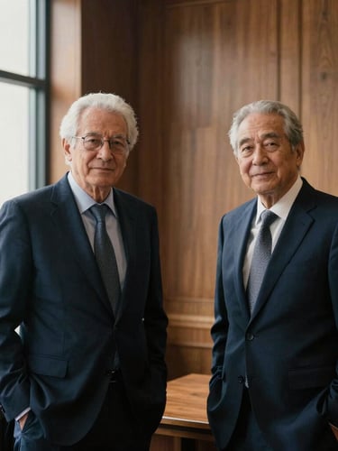 Understated portrait of senior business partners in a warm, wood-paneled office, soft natural window light, deep navy tones, editorial 35mm photography