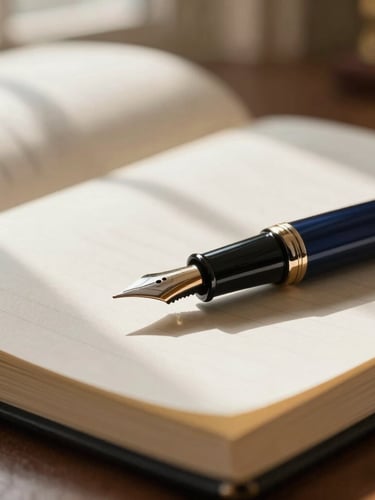 Macro close-up of a vintage fountain pen resting on a heavy financial ledger, soft natural window light casting deep shadows, warm champagne tones, elegant office interior, 35mm lens.