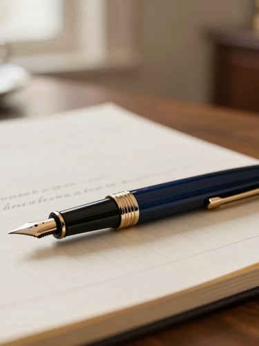 Close-up of a classic fountain pen resting on structured financial ledgers, elegant office desk, soft side lighting, warm champagne and deep navy tones
