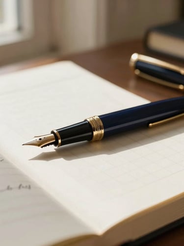 Understated close-up of a classic fountain pen resting on a structured financial ledger, warm champagne window light casting deep shadows, elegant office interior, 35mm lens