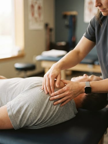Hands-on joint mobilization by a clinical therapist under soft natural window light, focusing on precise movement mechanics, shallow depth of field, 35mm lens