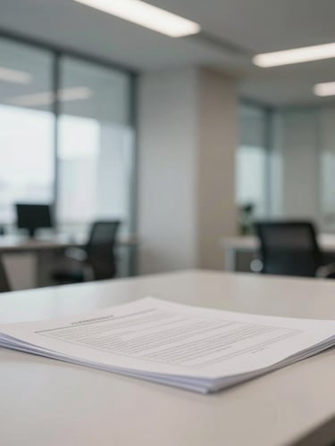 Professional architectural photo of a modern, uncluttered corporate office interior, focus on a clean desk with legal documents, soft natural lighting.