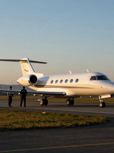 Private jet on a runway in Zurich at dawn, ground crew preparing for departure, soft golden light, wide environmental shot, shallow depth of field, 35mm.