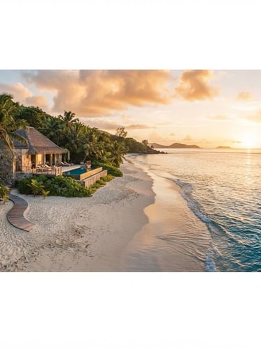 Wide panoramic view of an empty pristine beach at dawn in a luxury tropical destination, with a private villa in the background, golden hour light, shallow depth of field, 35mm.