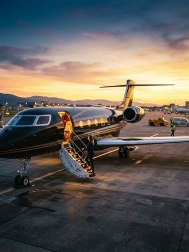 Wide panoramic of a sleek private jet on a tarmac at golden hour sunset, luxurious interior visible, ground crew in the distance, shallow depth of field, 35mm