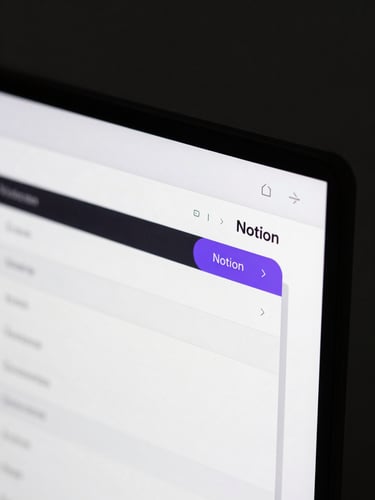 Macro close-up of a high-fidelity, custom-engineered Notion database interface on a screen, cool diffused studio light, subtle purple accent highlights, minimalist tech aesthetic