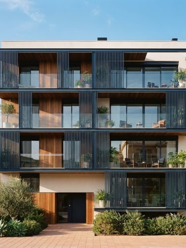Architectural shot of a modern residential facade in Valencia, natural Mediterranean daylight, elegant navy and tobacco tones, soft shadows, editorial 35mm