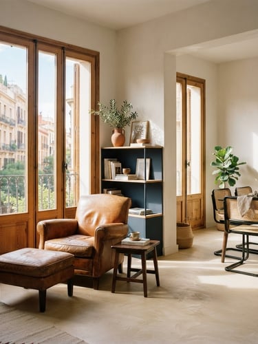 Bright architectural interior of a renovated apartment in Valencia, warm Mediterranean sunlight streaming through historical wooden windows, microcement floor, elegant tobacco brown furniture details, editorial 35mm