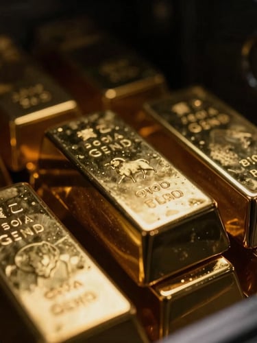 Macro close-up of physical gold bullion bars stacked in a dark, secure vault, with subtle metallic gold reflections and dramatic low-key lighting, 35mm.
