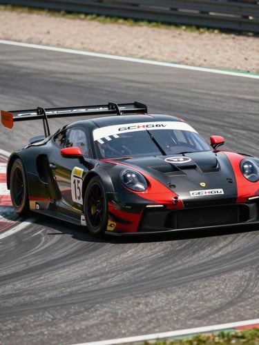 Dynamic panning shot of a black and red GT3 race car apexing a track corner under harsh daylight, deep tire marks on asphalt.