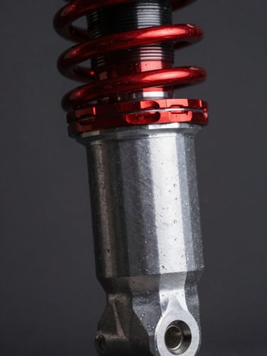 Extreme close-up of a machined billet aluminum suspension component with sharp red anodized accents, high-contrast studio lighting, deep shadows