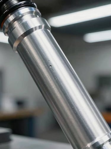Extreme close-up of a machined billet aluminum suspension upright, clean technical workshop background with LED lighting, sharp metallic reflections.
