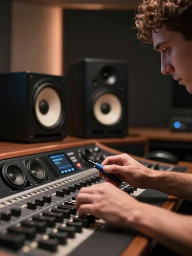 Moody close-up of a certified sound engineer calibrating a high-end speaker array, low-key ambient lighting, warm copper accents, focused gaze, professional studio tool in hand, 35mm