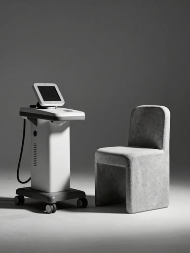 Minimalist studio photography of a sleek modern medical device alongside a raw concrete chair, stark monochrome, high-contrast cool studio light, sharp shadows, architectural composition, 50mm lens