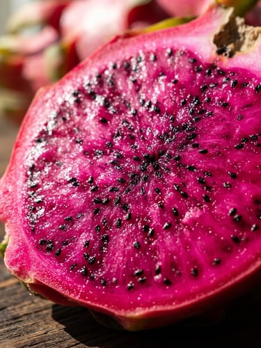 Macro detail shot of a sliced pitaya revealing vibrant pink flesh and black seeds, bright natural daylight, sharp contrast shadows
