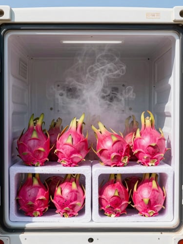 A high-tech refrigerated shipping container open, revealing crates of pristine pink dragon fruit under cold mist, bright sharp studio-style lighting, high contrast.