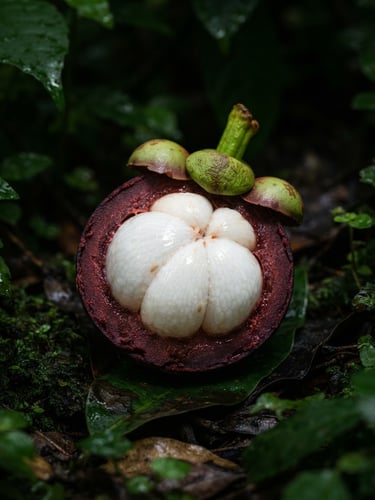 Crisp editorial photography of a pristine mangosteen sliced open to reveal its white segments, set against a dark jungle-green background, bright natural daylight, high-contrast shadows, macro detail