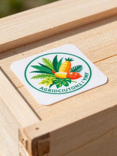 Close-up of a high-contrast official agricultural inspection stamp on a wooden shipping crate, bright natural daylight, sharp details.