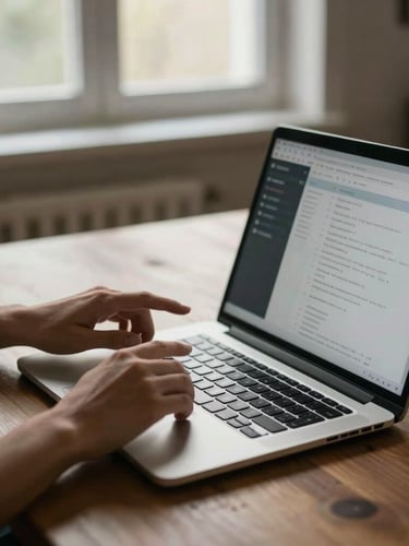 Soft daylight filters through a window onto a wooden dining table where hands point gently to a laptop screen, showing a clear and clean desktop interface.