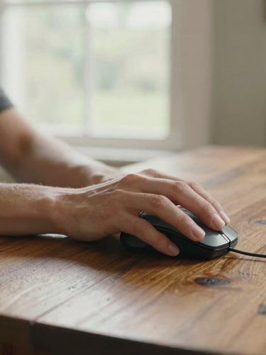 Medium-wide shot of hands gently guiding a computer mouse on a rustic wooden dining table, soft natural daylight filtering through a home window, warm and calm domestic atmosphere.