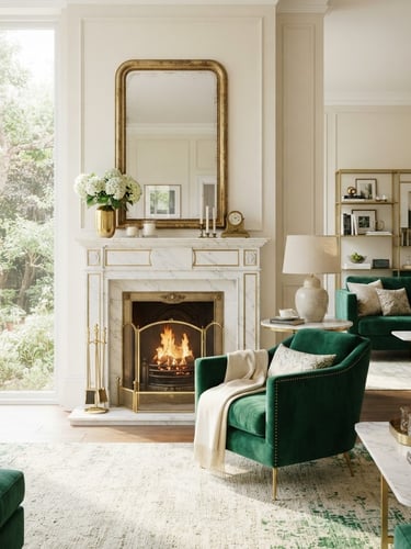 Bright editorial interior photography, soft natural daylight, pristine luxury living room with white marble fireplace and gold accents, crisp focus, 35mm lens