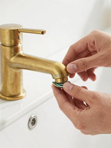 Macro shot of hands gently polishing a clean brass faucet on a white marble countertop, soft natural daylight, crisp focus.