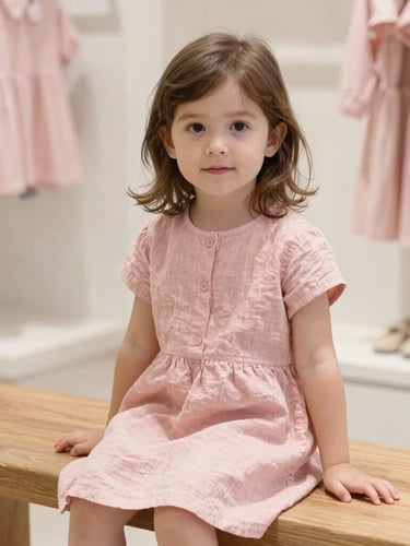 A candid medium-close portrait of a child in a soft blush pink linen dress sitting on a wooden bench in a sunlit boutique interior, warm editorial photography, soft natural daylight.