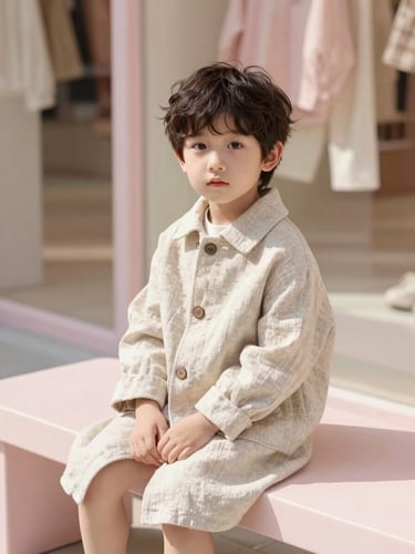 Candid portrait of a child in a tailored linen coat sitting on a minimalist bench inside a sun-drenched boutique, warm editorial photography, soft natural daylight.