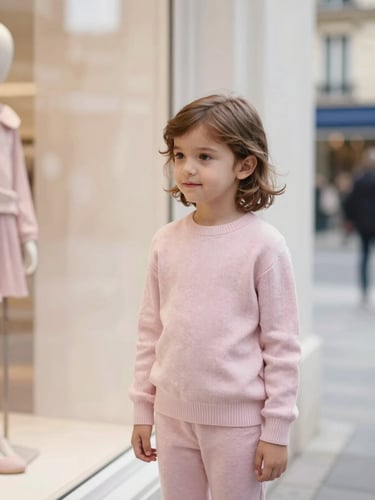A candid, warm editorial photo of a child in elegant pastel knitwear standing near a soft-focus Parisian boutique window, soft natural daylight.