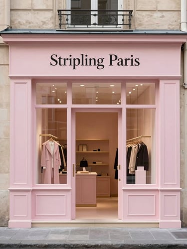 Elegant minimalist boutique storefront of Stripling Paris, soft pink facade, warm interior glow, Parisian architectural details