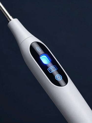 Sleek modern intraoral scanner glowing with blue light on a dark clinical background, macro view, high-contrast technology photography