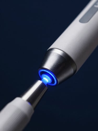 Macro close-up of a sleek intraoral scanner tip glowing with sharp blue light, dark navy background, clinical-grade dental technology, high-contrast digital interface, 50mm lens