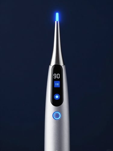 Sleek intraoral scanner tip glowing with sharp blue light, dark navy background, high-contrast digital medical photography, 50mm.