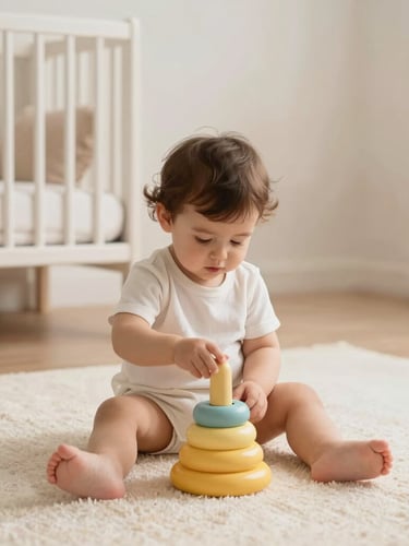 A minimalist modern nursery with soft light, a toddler sitting on a cream rug playing with a soft yellow stacking ring, eye-level framing, warm pastel tones.