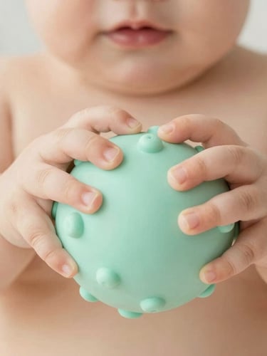 Close-up of a baby's hands grasping a soft, pastel-toned mint green textured sensory ball, warm diffused morning daylight, shallow depth of field, 35mm lens