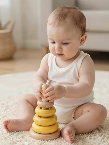 Eye-level portrait of a baby sitting on a soft cream rug, holding a soft yellow wooden ring stacker, diffused morning daylight, shallow depth of field, warm pastel tones.