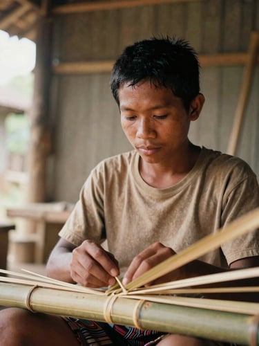 A close-up environmental portrait of a young Naga craftsman working with bamboo in a naturally lit workshop, warm organic tones, 35mm documentary style.