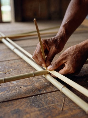 A close-up documentary photograph of a young Naga craftsman's hands carefully shaping a bamboo structure in a sunlit workshop, natural daylight, rich wood tones.
