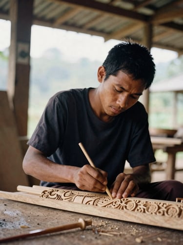 A medium environmental portrait of a young Naga craftsman working on a wood carving in a naturally lit workshop in Mokokchung, warm ambient light, authentic documentary style, 35mm film.