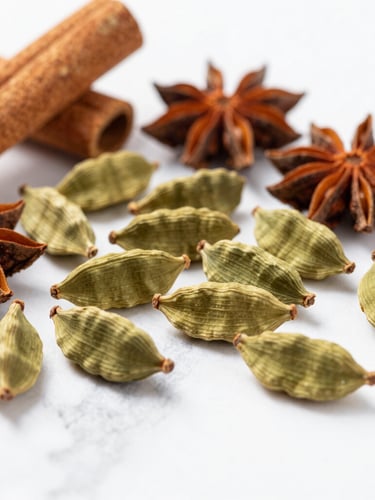 Close-up macro shot of whole green cardamom pods, star anise, and cinnamon sticks scattered on a clean white marble surface, bright natural daylight