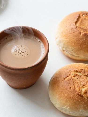 A close-up overhead shot of a steaming clay cup of spiced chai next to a freshly sliced warm bun maska on a clean white table, soft natural daylight, shallow depth of field.