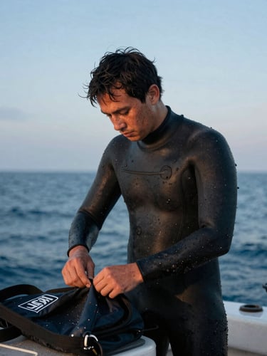 a man in a wet suit and goggles standing in front of the sun