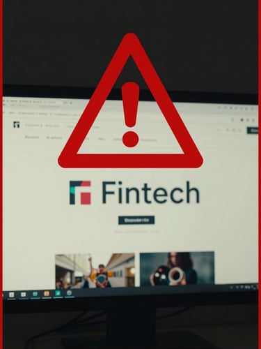 Wide screenshot of a professional fintech homepage rendered in desaturated muted tones, a bold red triangular warning symbol overlaid at center-top, red border frame visible around the edges of the screen, dark background behind the monitor, editorial framing with slight downward angle, low saturation to signal compromise