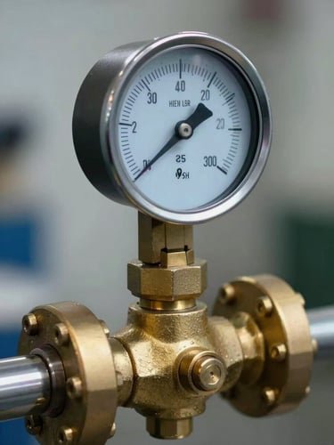 Close-up of industrial pressure gauge on a heavy-duty brass valve, cool-toned utility lighting, sharp technical details